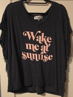 Wildfox Charcoal Tee with Pink 'Wake Me at Sunrise' Fringe Sleeves